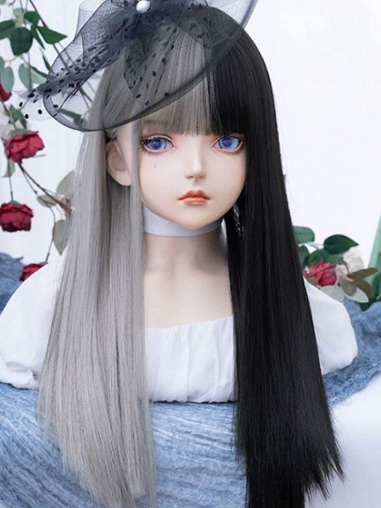 Silver&Black Split Color Long Straight Synthetic Wig With Bangs