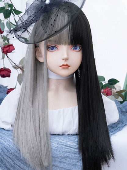 Silver&Black Split Color Long Straight Synthetic Wig With Bangs