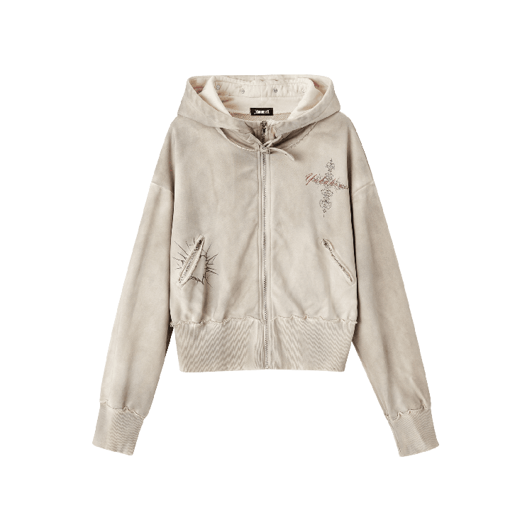 Strap Apricot Distressed Zip Closure Hoodie Wasteland Buckle Punk