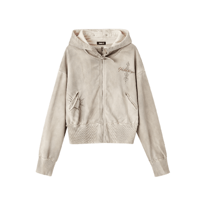 Strap Apricot Distressed Zip Closure Hoodie Wasteland Buckle Punk