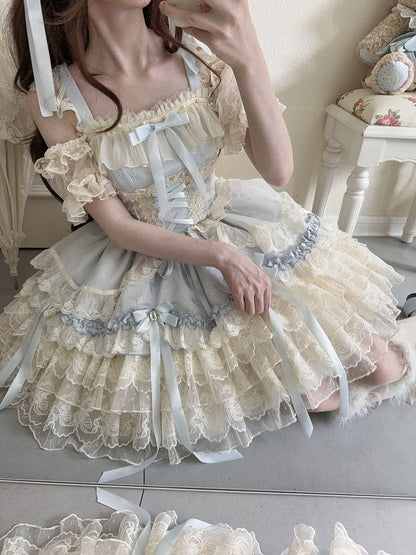 Details Sweet + Skirt Bow Large Princess Lace with Train Blue Dress / Ribbon Only Ballet-Style JSK Multi-Layer