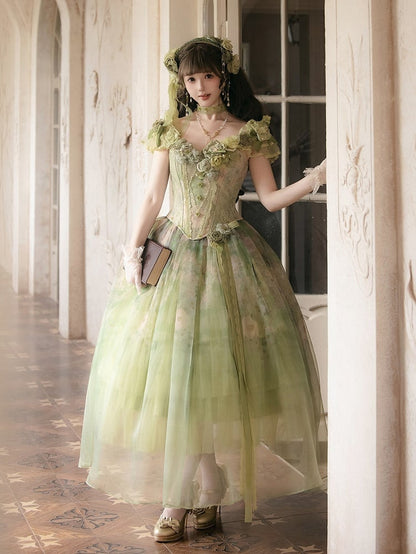 Green Oil Painting Lolita Layered Tulle Skirt - Nine Odes