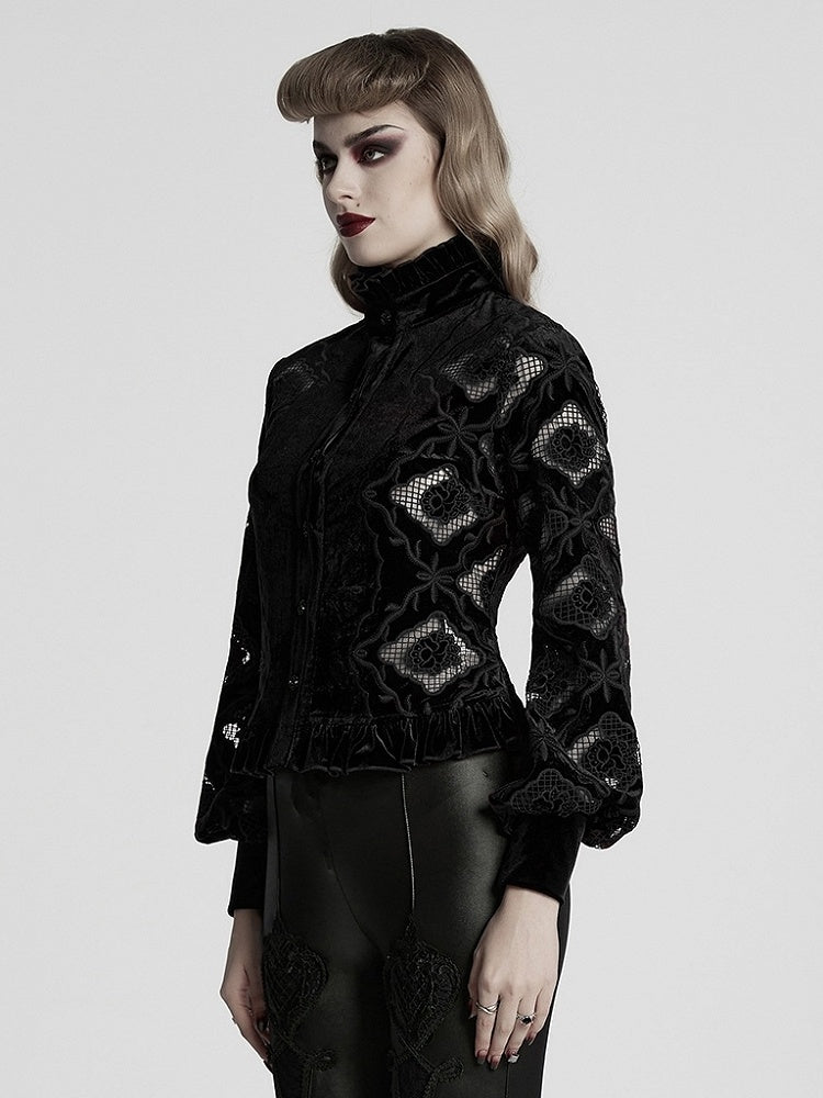 Black Retro Embroidered Velvet Shirt