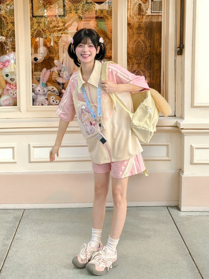Beige and Pink Colorblock Design Shirt Anime Print Zip Bittersweet Closure Y2K