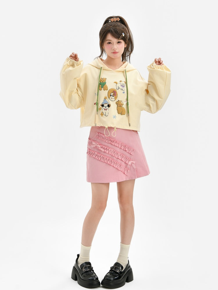 Apricot Plush Puppy Drawstring Waist Hoodie