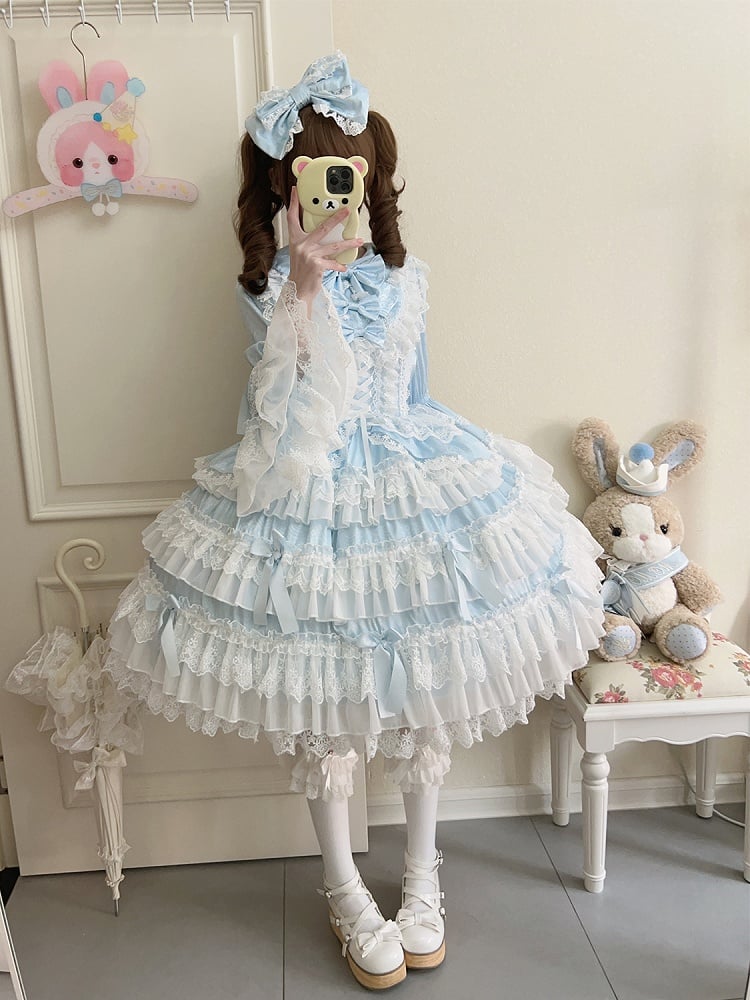 Bell Skirt Bows Tiered Ruffle Lolita Decorated Dress Blue Sleeves Long
