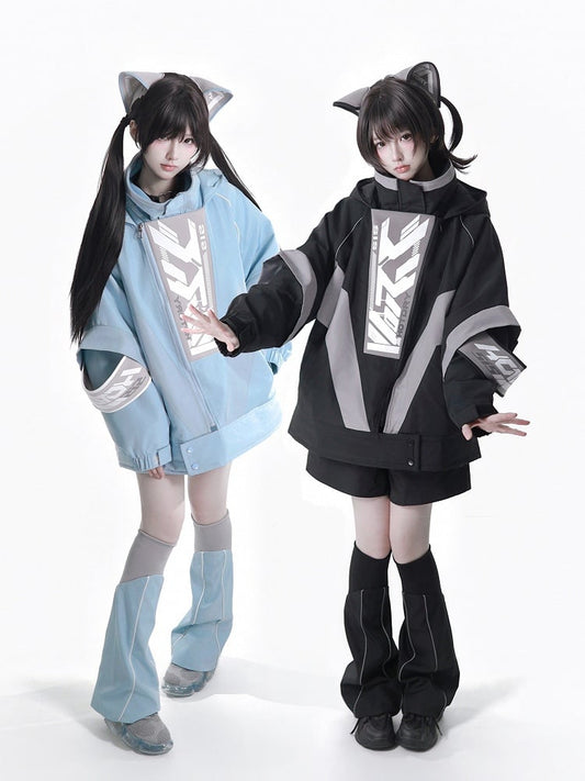 Kaiwai Cyberpunk Black - Two-Piece + Full Gray Leg Shorts Set Hair Clips Warmers Tenshi Techwear Cat Hooded Matching Jacket Ear