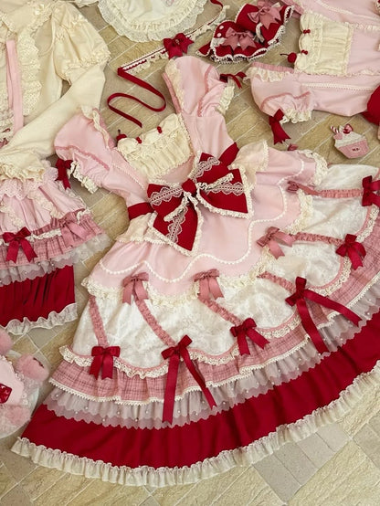 Puff Details Dress and Red Pink Lolita Sweet Bowknot Neckline Sleeves Square