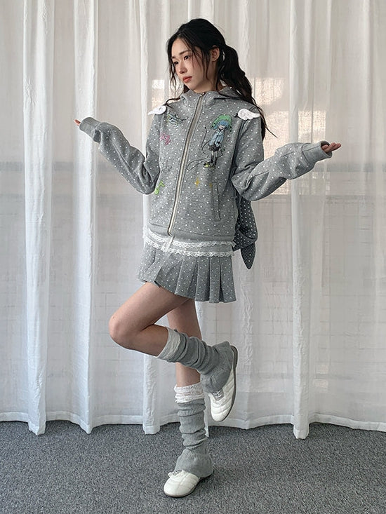 Jacket Polka-dot Pattern Hooded - Gray White
