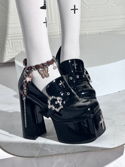 Heel High in Coffin Buckle Gothic with Black Shoes Polished Platform Block 11/13cm
