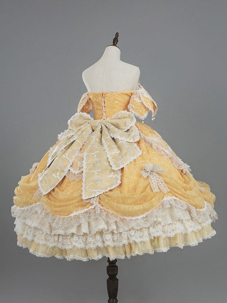 Hanayome Details Bow Yellow Layered Lace Gown and Ruffles Version with Short Lolita Hime Off-Shoulder