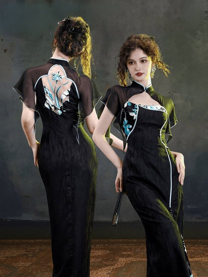 Cheongsam Style Side Slit Gown with Dark Floral Embroidery Back & Flutter Sleeves - sijinstudio