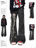 Black Faded Wash Distressed Multi-Pockets Jeans with Raw Hem