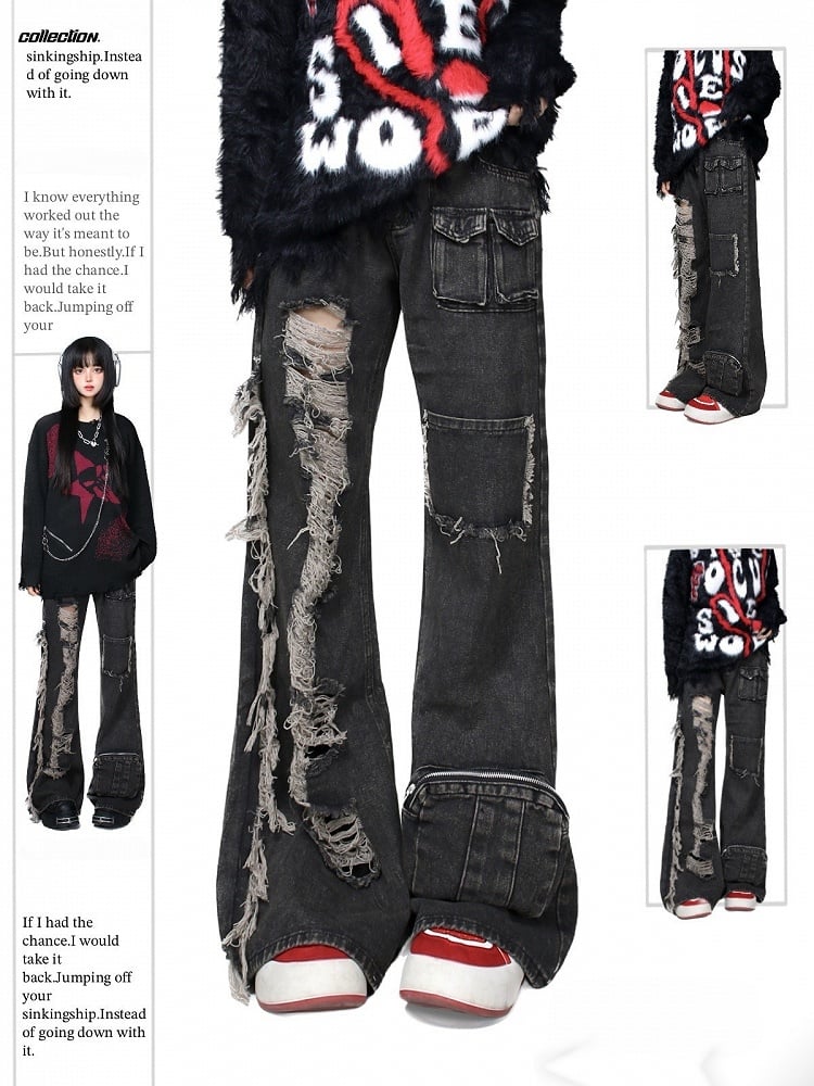 with Raw Black Jeans Distressed Faded Multi-Pockets Wash Hem