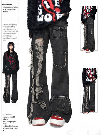 with Raw Black Jeans Distressed Faded Multi-Pockets Wash Hem