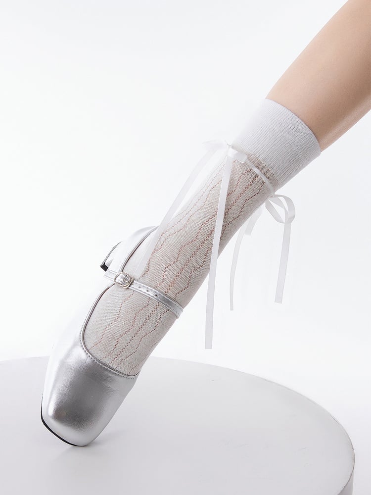 with Bow Socks Decoration Ribbon Cotton Black/White/Pink