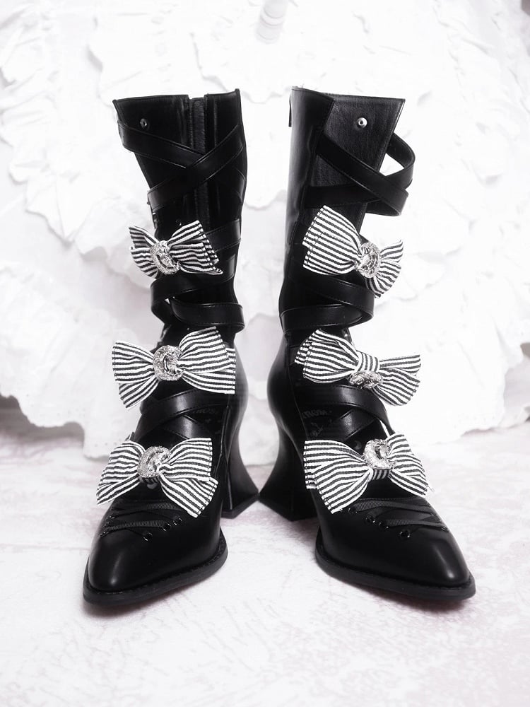 Detachable Striped Bow Gothic Pointed Toe Red Sole Boots with Cross Print - NRose