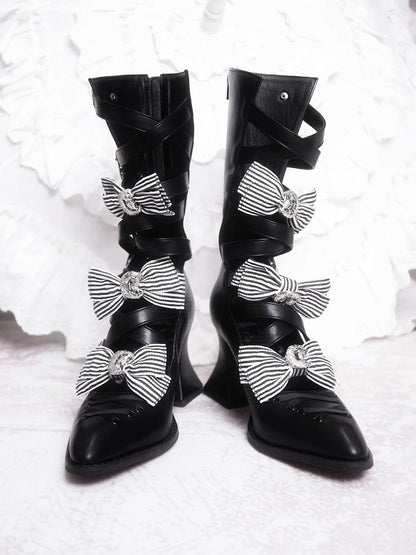 Detachable Striped Bow Gothic Pointed Toe Red Sole Boots with Cross Print - NRose