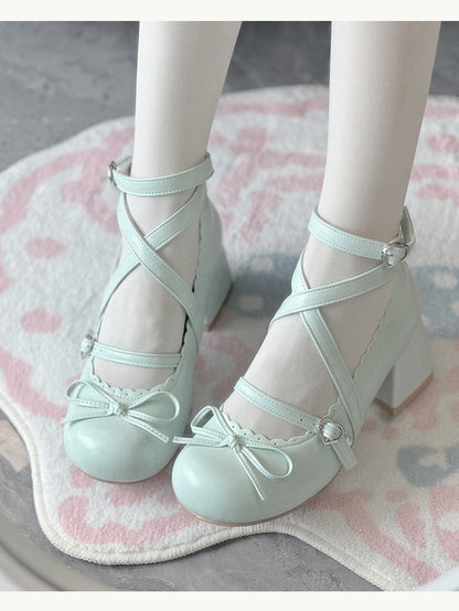 PU Lolita Janes Grass Mary - Bow Style Shoes Mid-heel Green with Top