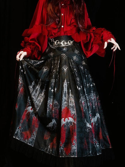 Black Pleat Red Angel Castle and Hem Box Gothic Print Skirt with Ruffled