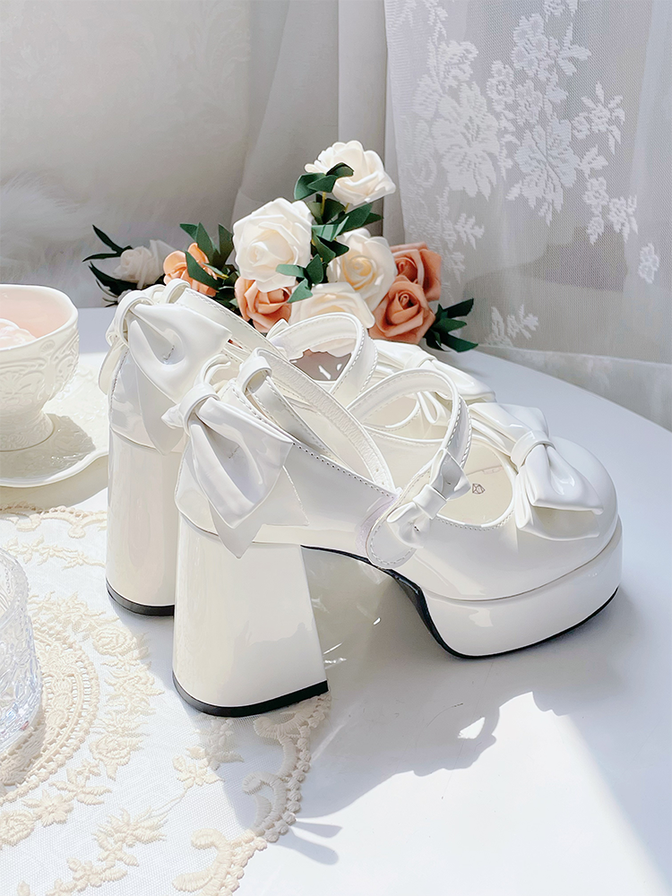White Bow Platform High Block Heels Lolita Shoes