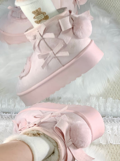 Boots Pompom Decor with Sweet Embroidery Heart Patches Pink Snow Lolita Platform - Donut