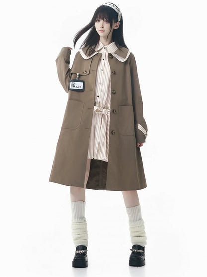 Fashion Brown Millard and Double with Waist Collar Coat Striped Long Sash