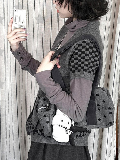 with Cardigan Cat Daily Checked Kawaii Dark Sleeve Pattern Motif Short Gray