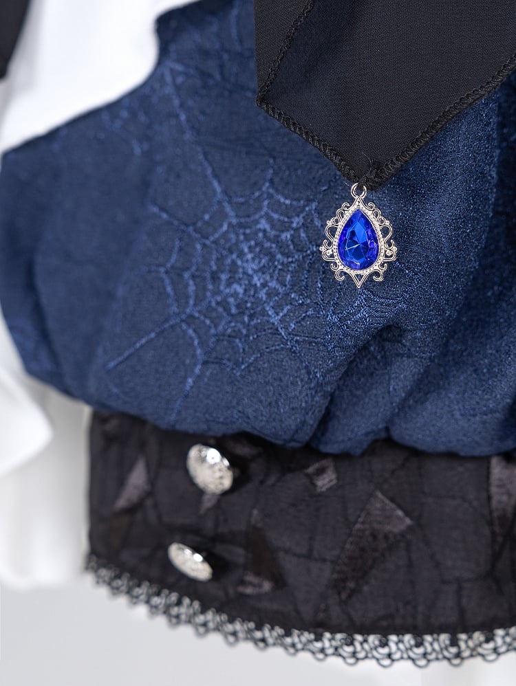 Set Weiß Dark Gothic Ärmel Drei Lolita Shorts Shirt Prince Coat + Lange Ouji Stücke Blau