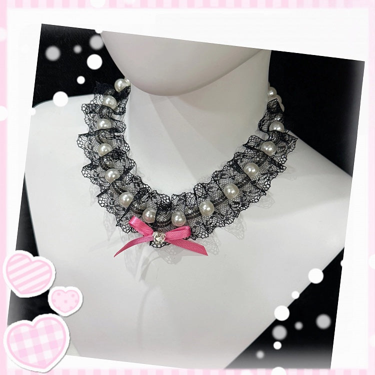 Necklaces - Pink Styles Rhinestone / Bow Pearl Lace with Two Accents Black