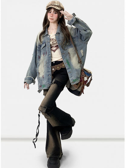 Distressed Jacke Löcher Details Print Design Denim Blau Hell