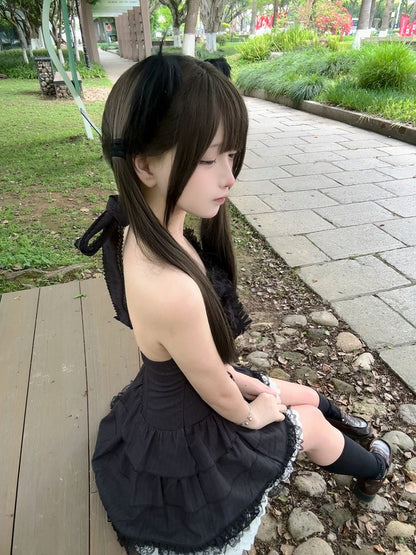 Dress Lace Black Hem - Plaid Dark Multi-Layer Neck Halter Doll Front and Lace-Up