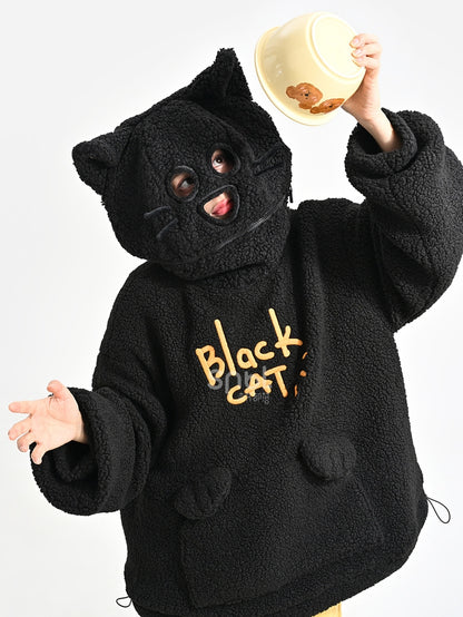 Black Cat Head Hood Fleece Hoodie