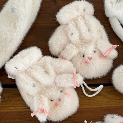 Weiße süße Hasenstern-Plüschhandschuhe mit Schleife