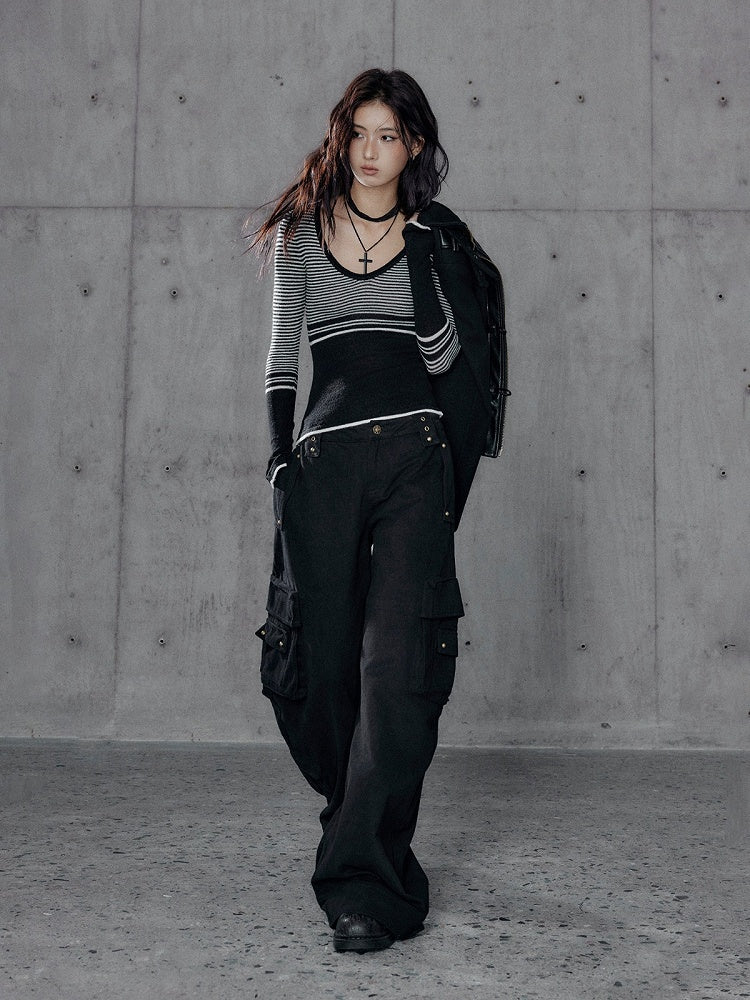 Gray Striped Long Sleeve Shirt with Scoop Neckline - Low pixel