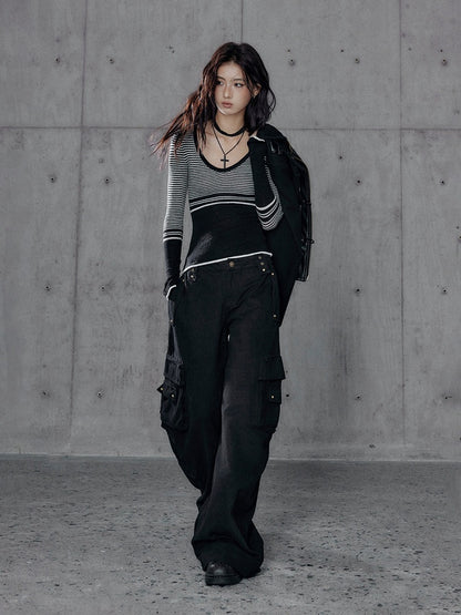 Gray Striped Long Sleeve Shirt with Scoop Neckline - Low pixel