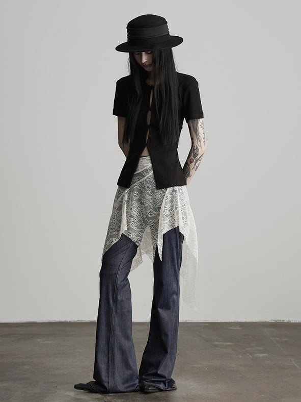 Goth Skirted Urban Denim-Like Pants Cincher Asymmetrical White Blue Lace Flared with Waist Dark