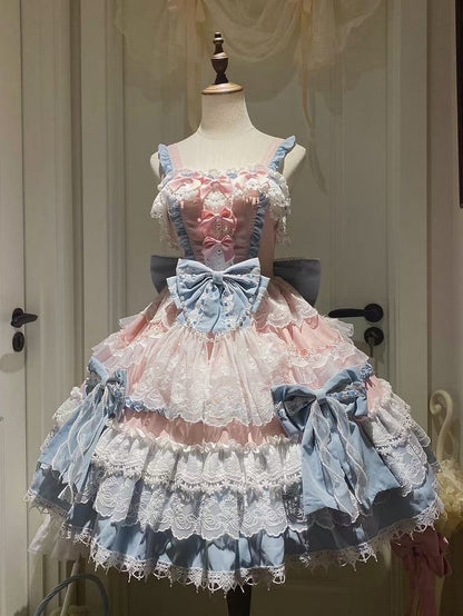 Süße Lolita-Details, Perlen, rosa, abnehmbare Prinzessinnen-Schleifen, blau und Kleid