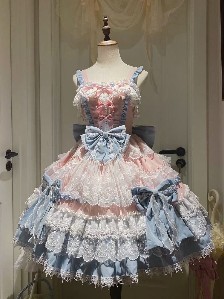 Details and Pink Dress Lolita Blue Bead Sweet Princess Bows Detachable