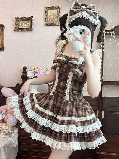 Sweet Lace Brown Flutter with Plaid Lolita Trim Sleeves Dress