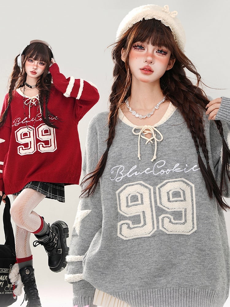 Rot/grauer Pullover mit V-Ausschnitt und Schnürdetail