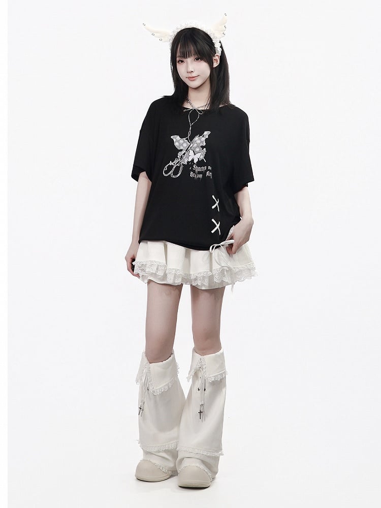 Black Butterfly Round Neck Top with Lace & Ribbon - PINK SAVIOR