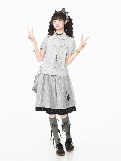 White Plaid Peter Pan Collar Shirt with Puff Sleeves and Heart Buckle - Languid Park