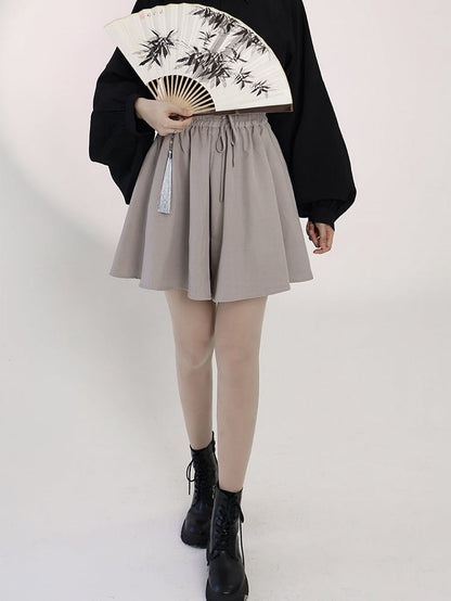 Gray Drawstring Elastic Waist Skort with Tassel Decoration - Feng Hua Gui Guo Ling