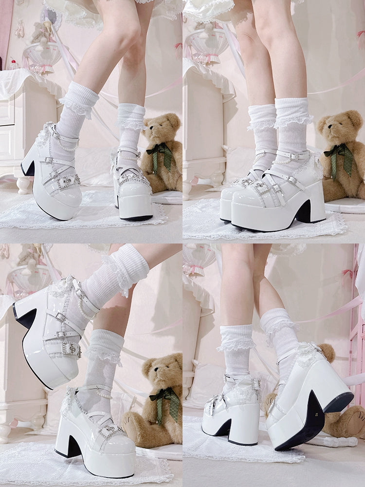 Jirai Shoes Platform Beads Accent White Bow Ruffled Buckles at Kei Top Lace High-heel