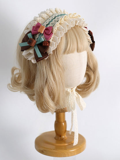 Decorated Hairband Ruffled Lolita Cookie Sweet Details Bowknot Beige