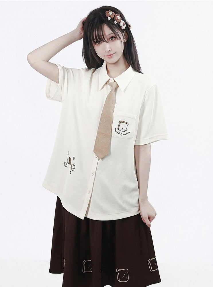Creamy White Waffle Knit Short Sleeve Shirt with Toast Embroidery - PINK SAVIOR