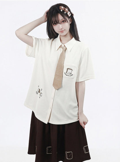 Creamy White Waffle Knit Short Sleeve Shirt with Toast Embroidery - PINK SAVIOR