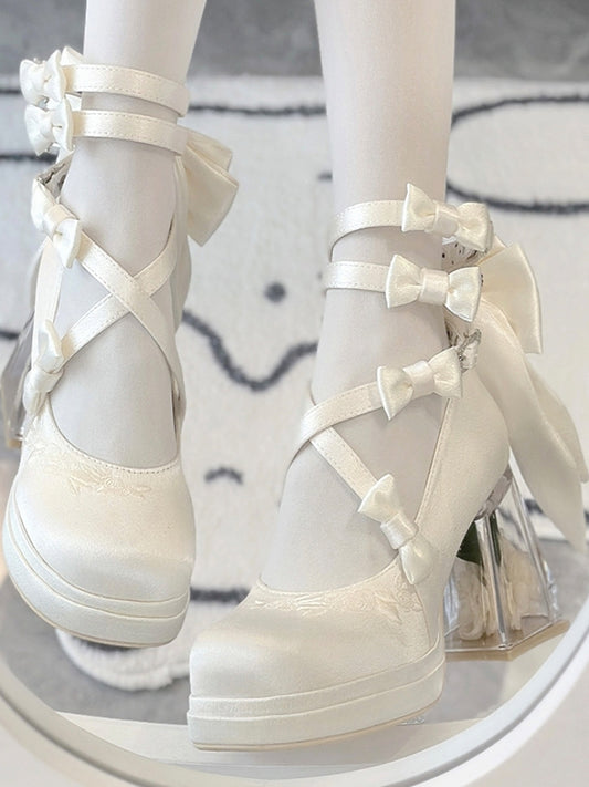 Elegant Heeled 9cm Lolita Mary Transparent Crisscross Janes Straps White - Camellia-Adorned with Heel