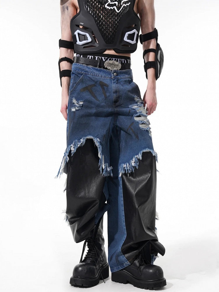 Patchwork - Grungy Blue Men's Black Hem Hand-lettering Raw and Jeans
